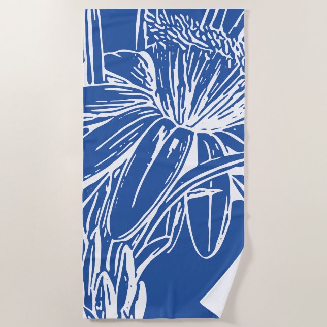 Moderne blaue botanische Blumenlinie Zeichne Artwo Strandtuch (Vorderseite)
