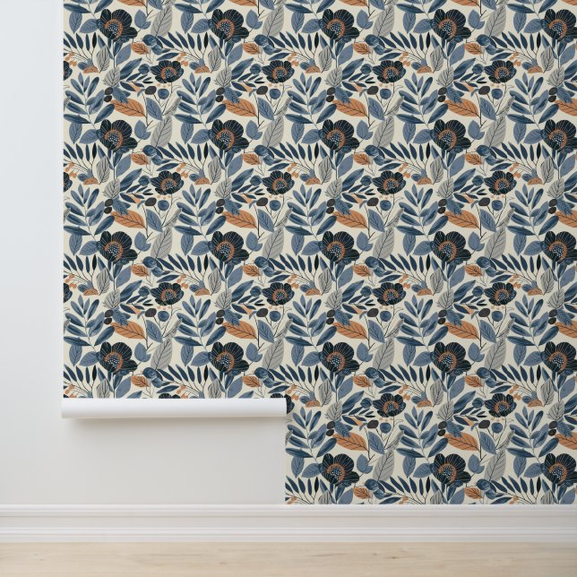 Moderne Blaue Botanische Frühlingsblumen Tapete (Anwendung)