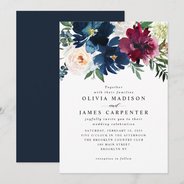 Moderne blaue Burgunder-Botanische Hochzeit mit Fl Einladung (Vorne/Hinten)