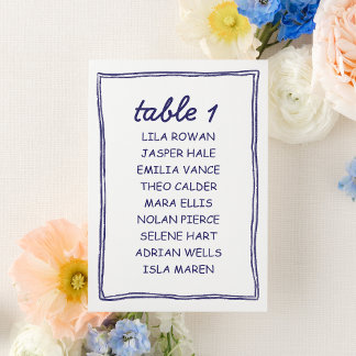 Moderne Blaue Doodle-Hochzeits-Sitzplan-Karte Tischnummer