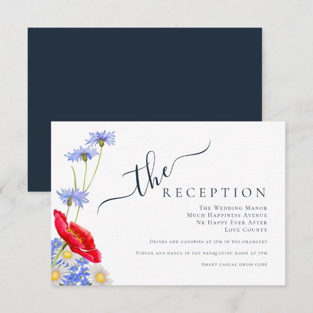 Moderne blaue Elegante Sommerhochzeit Begleitkarte (Vorne/Hinten)