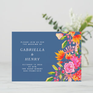 Moderne Blaue Farbige Florale Gartenhochzeit Einladung