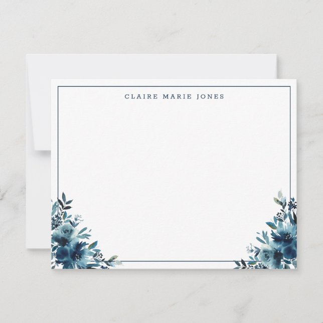 Moderne blaue Flora Wasserfarbe dünne Grenze Mitteilungskarte (Vorderseite)