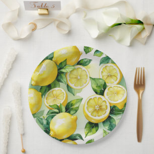 Moderne blaue Floral-Schrift Brautparty mit Zitron Pappteller