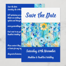 Moderne blaue Floraldruck-Hochzeit Save The Date