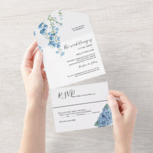 Moderne blaue französische Blumige Hochzeit All In One Einladung