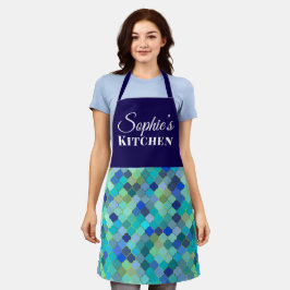 Moderne blaue geometrische personalisierte Küche Schürze