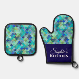 Moderne Blaue Geometrische Personalisierte Ofenhandschuh & Topflappen-Set