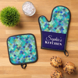 Moderne Blaue Geometrische Personalisierte Ofenhandschuh & Topflappen-Set