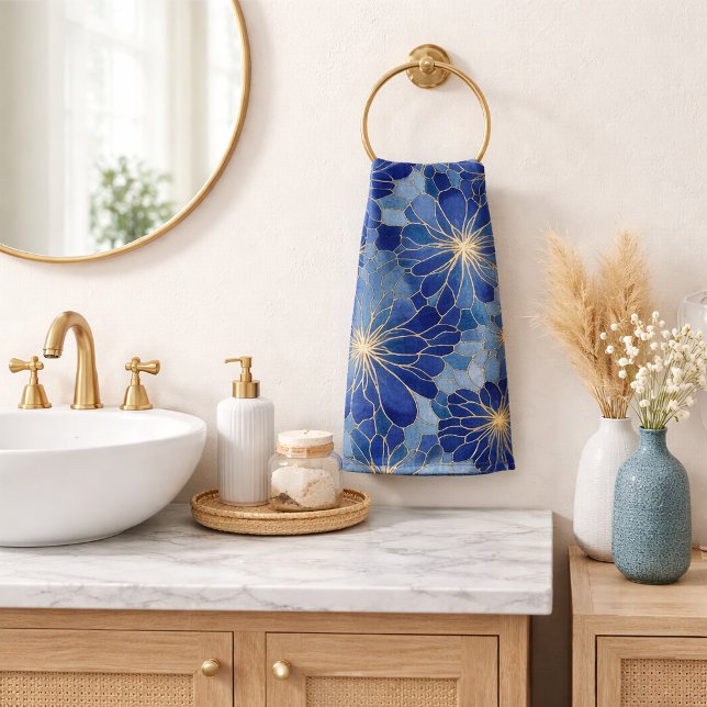 Moderne Blaue Gold Blumenmuster Badhandtuch Set (Von Creator hochgeladen)