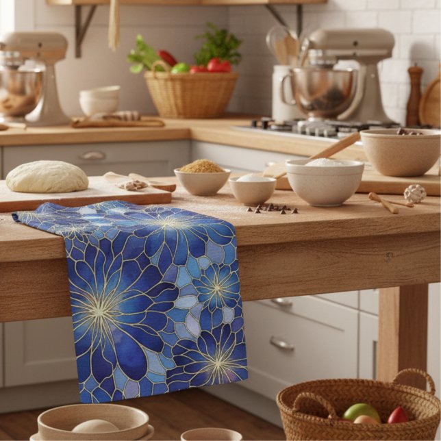 Moderne Blaue Gold Blumenmuster Geschirrtuch (Von Creator hochgeladen)