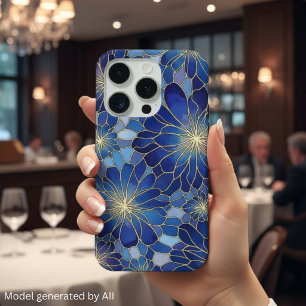 Moderne Blaue Gold Blumenmuster iPhone 15 Pro Hülle