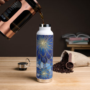 Moderne Blaue Gold Blumenmuster Trinkflasche