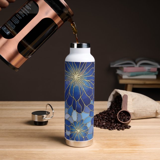 Moderne Blaue Gold Blumenmuster Trinkflasche (Kaffee (gedreht))
