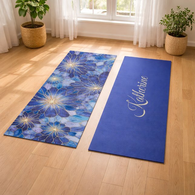 Moderne Blaue Gold Blumenmuster Yogamatte (Von Creator hochgeladen)