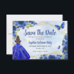 Moderne blaue Gold-Blütenprinzessin Quinceañera Save The Date<br><div class="desc">Modern Navy Blue Dark Blue Gold Glitzer Sparkle Rose Butterfly Prinzessin Quinceañera Geburtstag Ankündigung Datum freihalten</div>