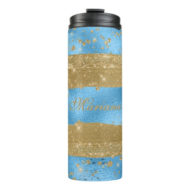 Moderne Blaue Gold Glitter Schrift Name Thermosbecher (Vorderseite)