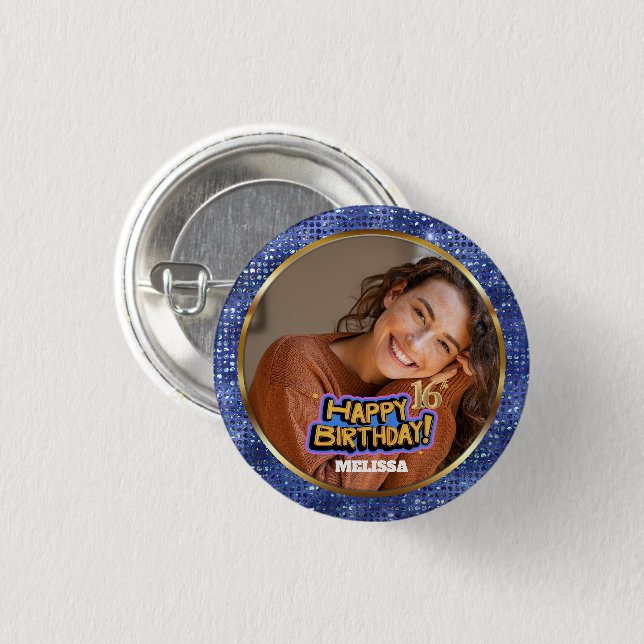 Moderne Blaue & Goldene Glitter-Foto 16. Geburtsta Button (Vorne & Hinten)