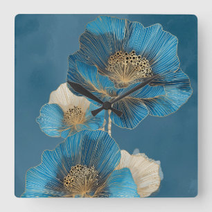 Moderne Blaue Goldlinie Kunst Mohn Botanisch Quadratische Wanduhr