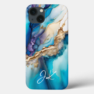 Moderne Blaue Goldmarmor-Monogramm-Personalisierun Case-Mate iPhone Hülle
