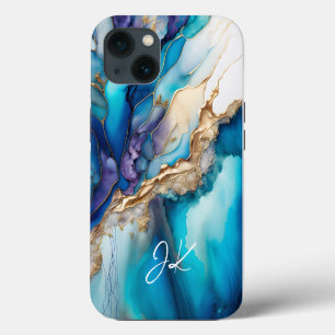 Moderne Blaue Goldmarmor-Monogramm-Personalisierun iPhone Hülle
