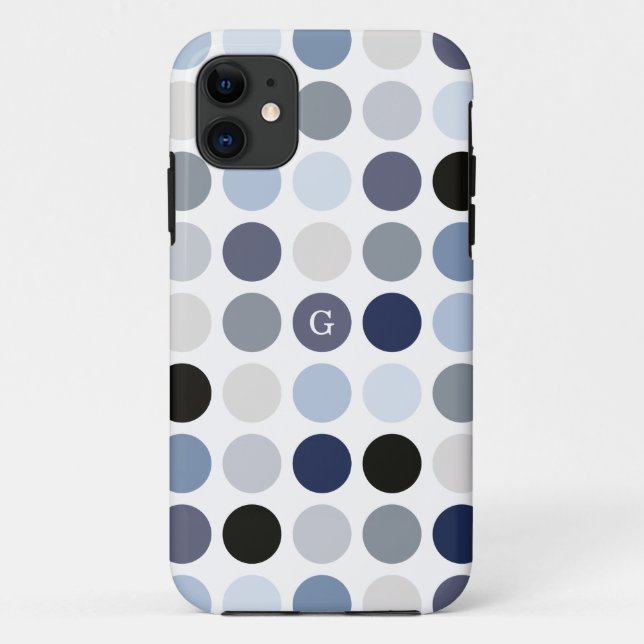 moderne blaue graue Punkte-Muster-Monogramm Case-Mate iPhone Hülle (Rückseite)