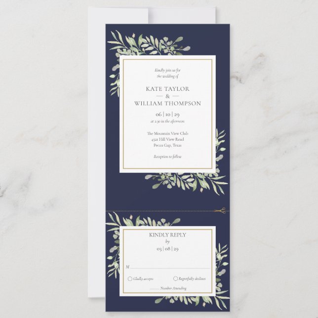 Moderne blaue Grünpflanzen in einem Hochzeitsinvit Einladung (Vorderseite)