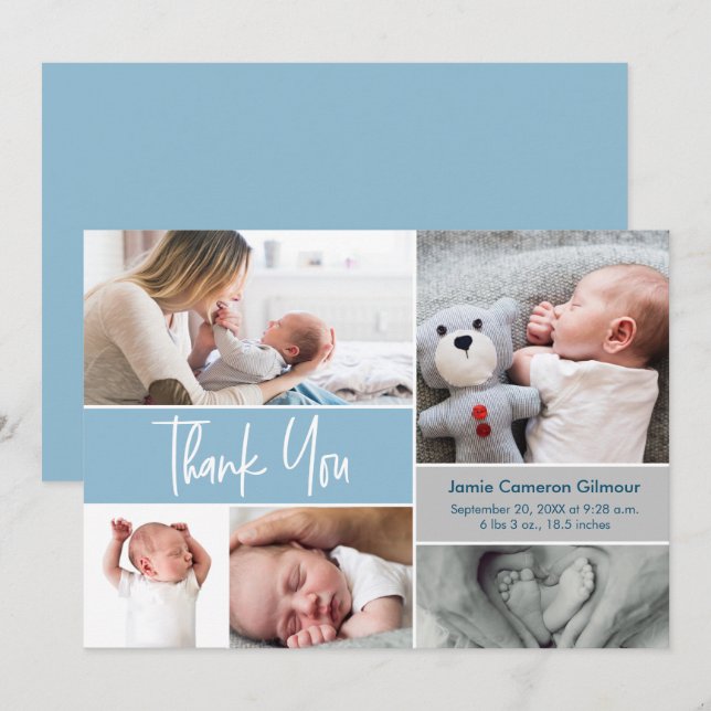 Moderne, blaue Handlettern Fotos Babydusche Dankeskarte (Vorne/Hinten)
