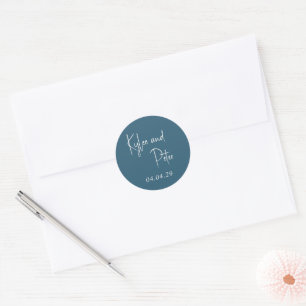 Moderne Blaue Handschrift Elegante Hochzeit Runder Aufkleber