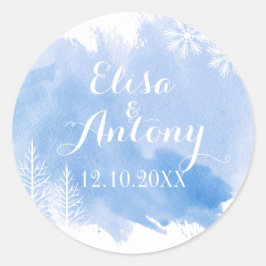 Moderne blaue Hochzeit in Aquarellfarben Save the  Runder Aufkleber