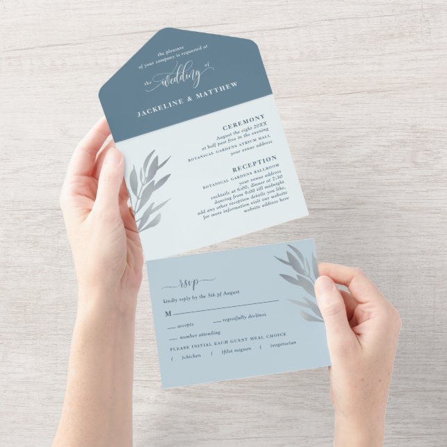 Moderne Blaue Hochzeit mit Perforation UAWG All In One Einladung (Abreißen)
