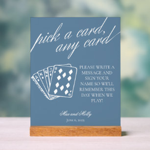 Moderne blaue Hochzeitsspielkarten-Pedestal-Schild Acrylschild