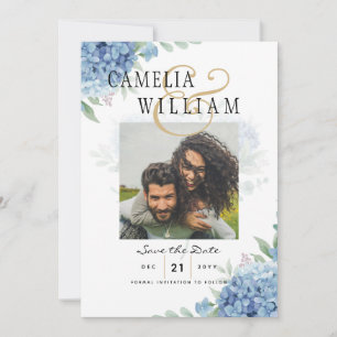 Moderne Blaue Hortensien-Hochzeitseinladung QR-Cod Einladung