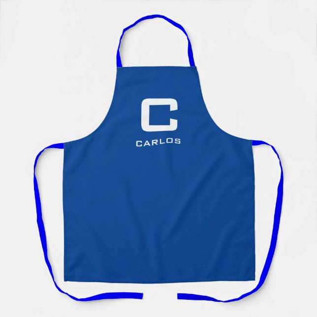Moderne, blaue individuelle Name-Monogramm-Küche u Schürze (Vorderseite)