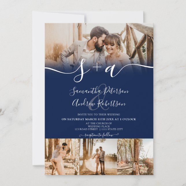 Moderne blaue Initialen Drehbuch 5 Fotos Hochzeit Einladung (Vorderseite)