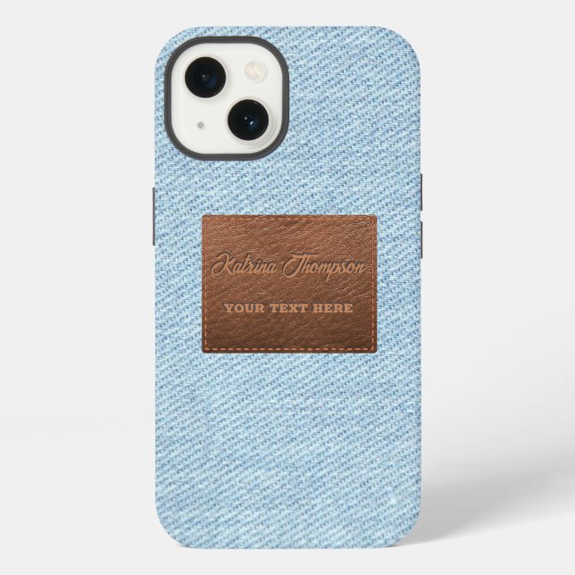 Moderne blaue Jeans-Textur mit Leder-Patch iPhone Hülle (Rückseite)
