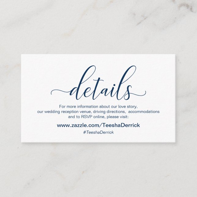 Moderne blaue Kalligraphie, Hochzeitdetails Begleitkarte (Vorderseite)
