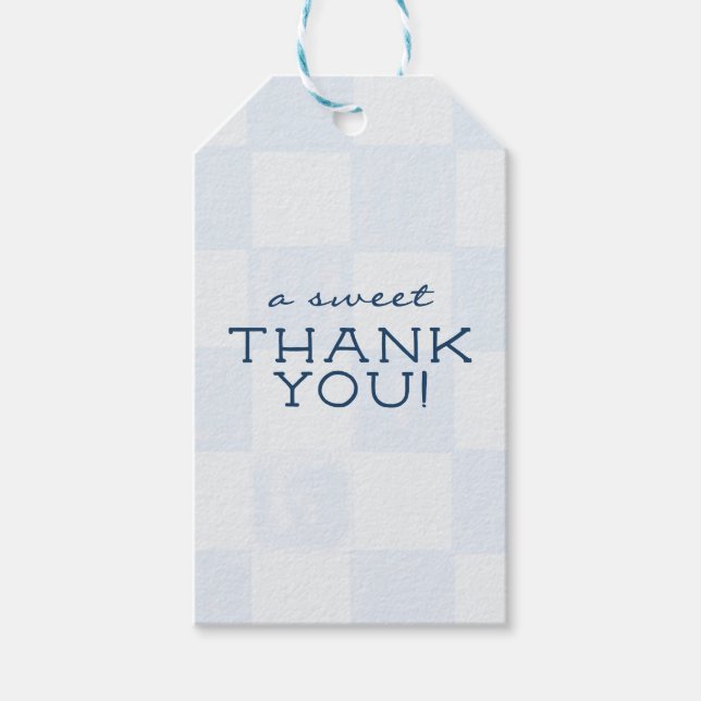 Moderne blaue karierte Babyparty Geschenkanhänger (Vorderseite)