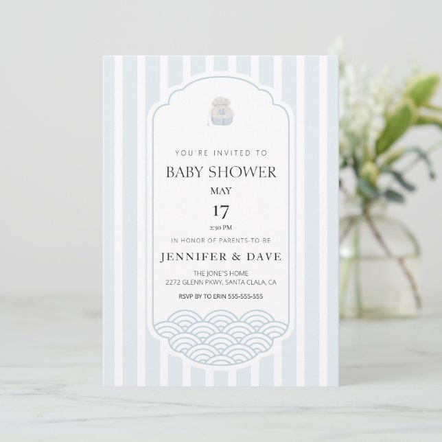 Moderne blaue koreanische Babydusche Einladung (Stehend Vorderseite)