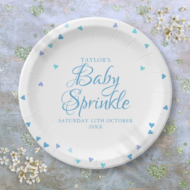 Moderne blaue Liebe Herz Babydusche Sprinkle Pappteller (Modern Blue Love Hearts Baby Boy Shower Sprinkle Paper Plates)