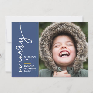 Moderne blaue Merry Christmas Script Fotokarte