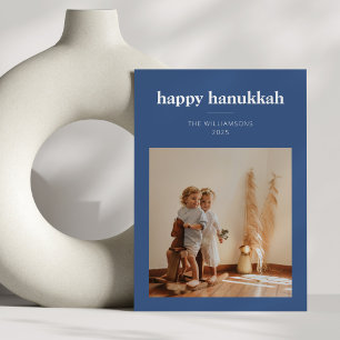 Moderne Blaue Minimalistische Chanukka-Familienfot Feiertagskarte