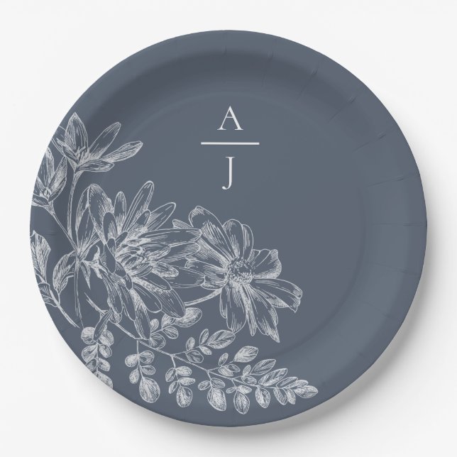 Moderne blaue Monogram-Florpapier-Platte Pappteller (Vorderseite)