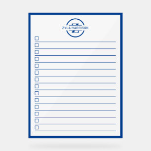 Moderne Blaue Monogramm-Name To-Do-Liste Trockenlö Acrylschild