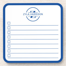 Moderne Blaue Monogramm-Name-To-Do-Liste-Weißwandt Getränkeuntersetzer