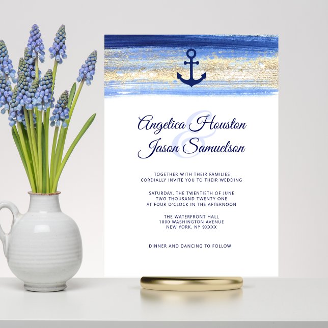 Moderne blaue Navy Gold Nautical Wedding Einladung (Von Creator hochgeladen)