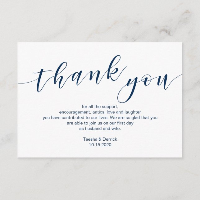 Moderne blaue Navy-Schrift, Hochzeit Danke Begleitkarte (Vorderseite)