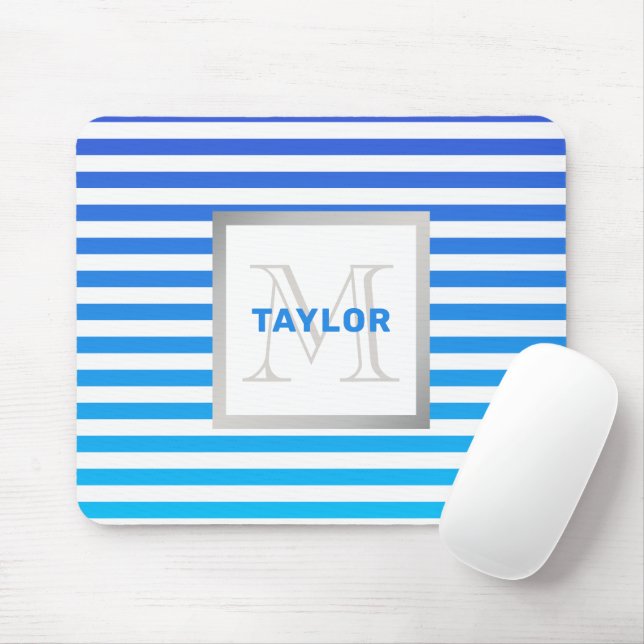 Moderne blaue Ombre-Streifen mit Name Monogram Mousepad (Mit Mouse)