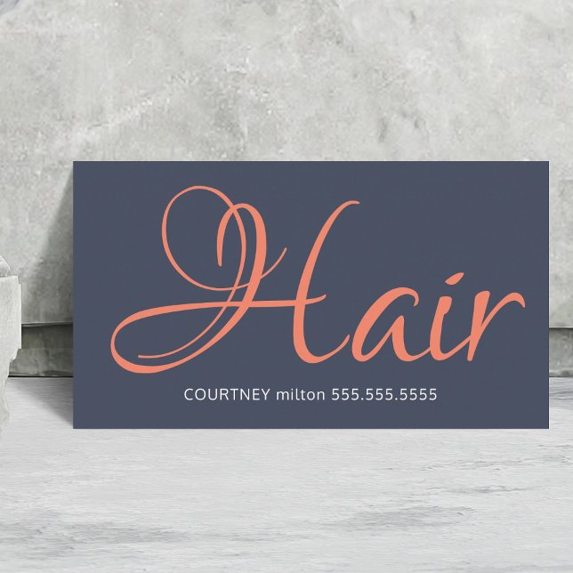 Moderne Blaue Orange Typografie Hair Stylist Visitenkarte (Von Creator hochgeladen)