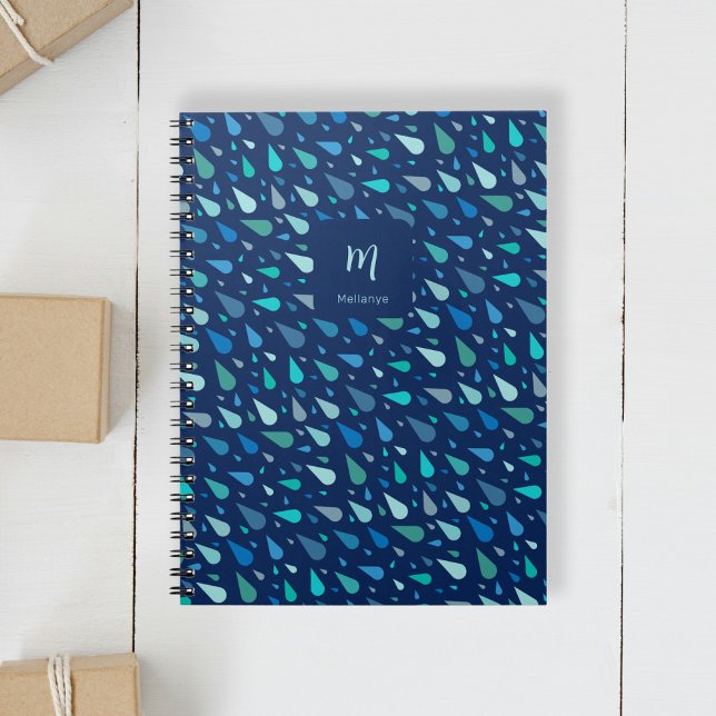 Moderne blaue Regentropfen nach Maß und Name Notizblock (Modern blue water drops custom monogram and name notebook)